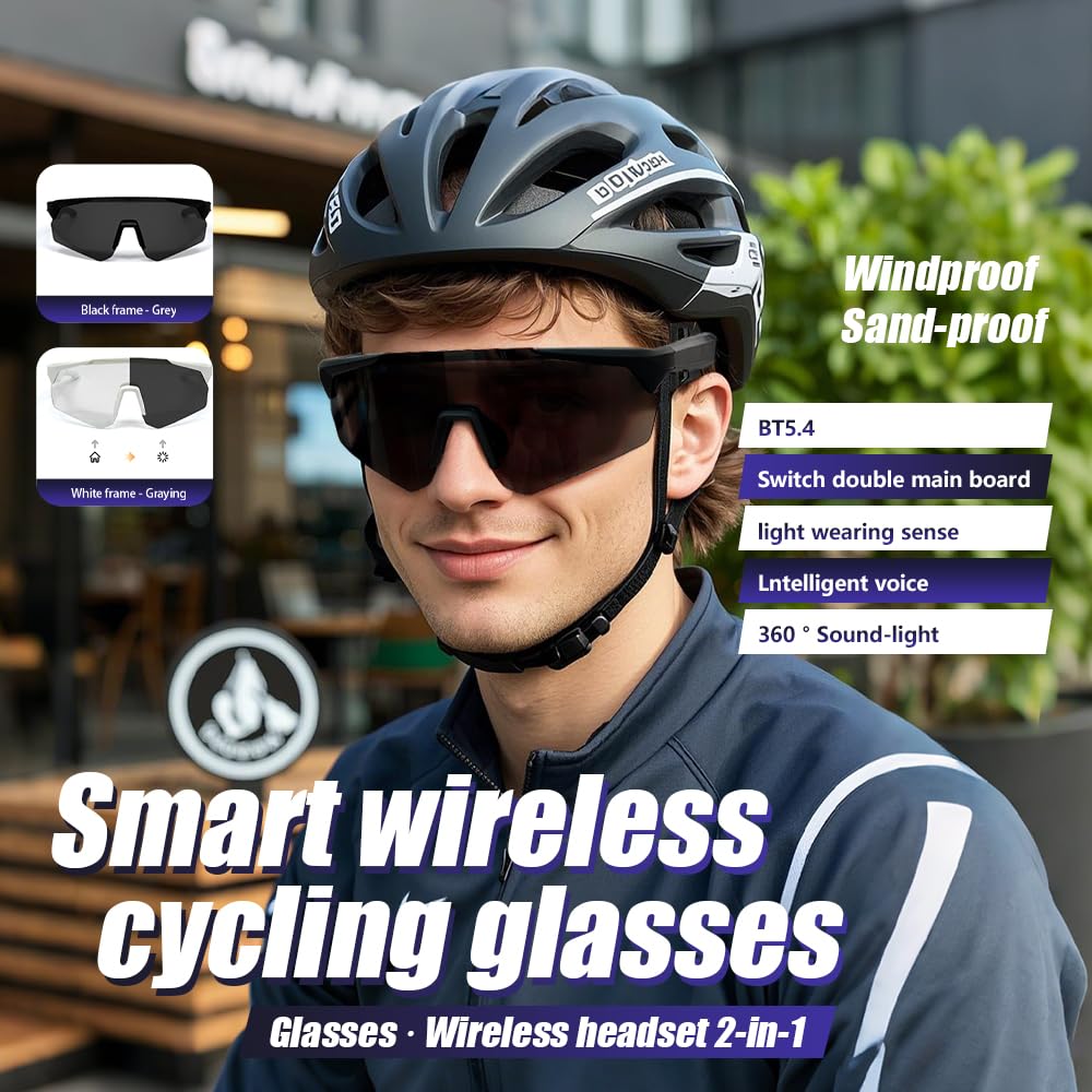 Polarized Cycling Smart Sunglasses Bluetooth Audio Smart Glasses for Men Women Sport with Dual Stereo Speakers, Open Ear Music &HD Calling, Touch &Voice Assistant, UV Protection—Grey