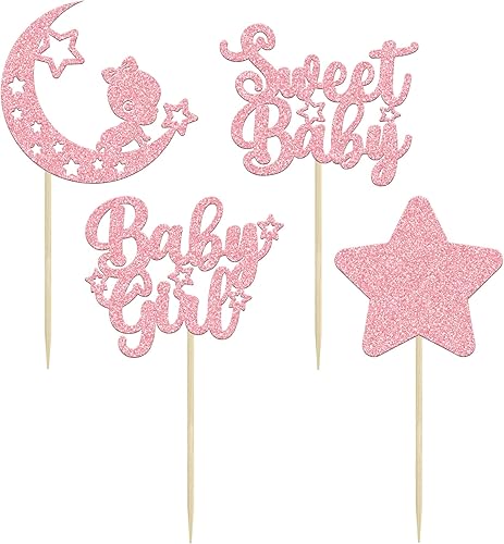 Miniatura 3 de Gyufise 24 piezas de decoración para cupcakes de bebé niña con purpurina rosa, estrella y luna, dulce baby shower, baby shower, fiesta de
