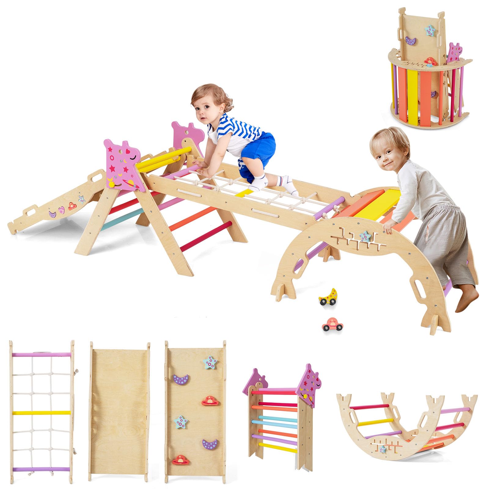 RELAX4LIFE Set da Arrampicata per Bambini, Triangolo di Arrampicata con Scivolo e Arco, Gioco di Incastri in Legno, Gioco Montessori per Bambini 1+ Anni (Unicorno-4 Pezzi | Colorato)