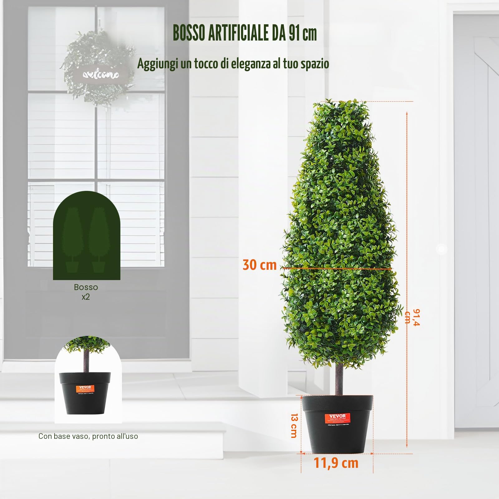 VEVOR Albero di Bosso Artificiale Topiario, 91,4 cm Altezza, 2 Pezzi, Alberi di Bosso Finti, Pianta Artificiale Verde con Foglie, Vaso, Decorazione, Set di Verde con Protezione UV per Arredamento