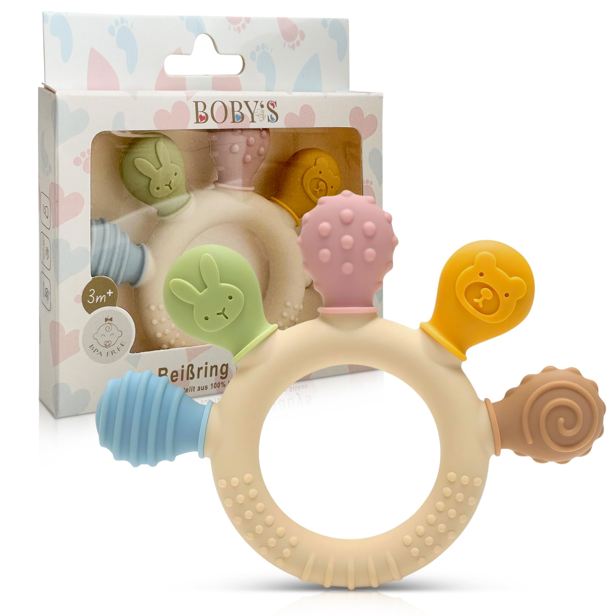 BOBY´S sensorischer Baby Beißring/Motorikspielzeug aus BPA-freiem Silikon/Zahnhilfe für Baby und Rassel in einem/multifunktionales Baby Spielzeug leicht zu reinigen (Bund)