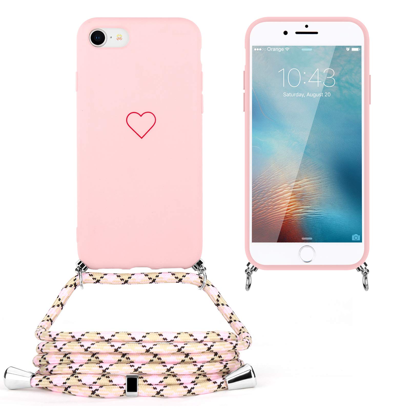 ROSEHUI Custodia per iPhone 7, iPhone 8, iPhone SE2020 con cuore e scritta in lingua inglese Love, in silicone, con cordoncino, ultra sottile con nastro, rosa