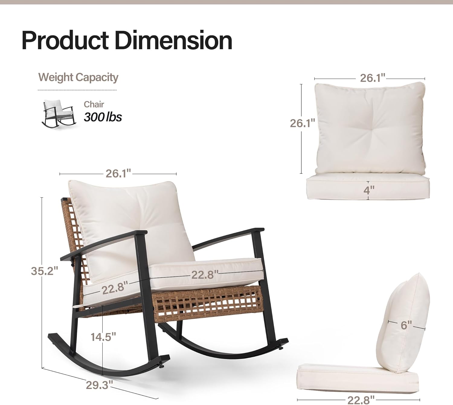LAUSAINT HOME Wicker Rocking Chair Set of 2, Oversized Patio Chair Comfy Rocker Chair with Thick Cushion, Modern Cozy Lounge Chair for Living Room,Bedroom(Beige)