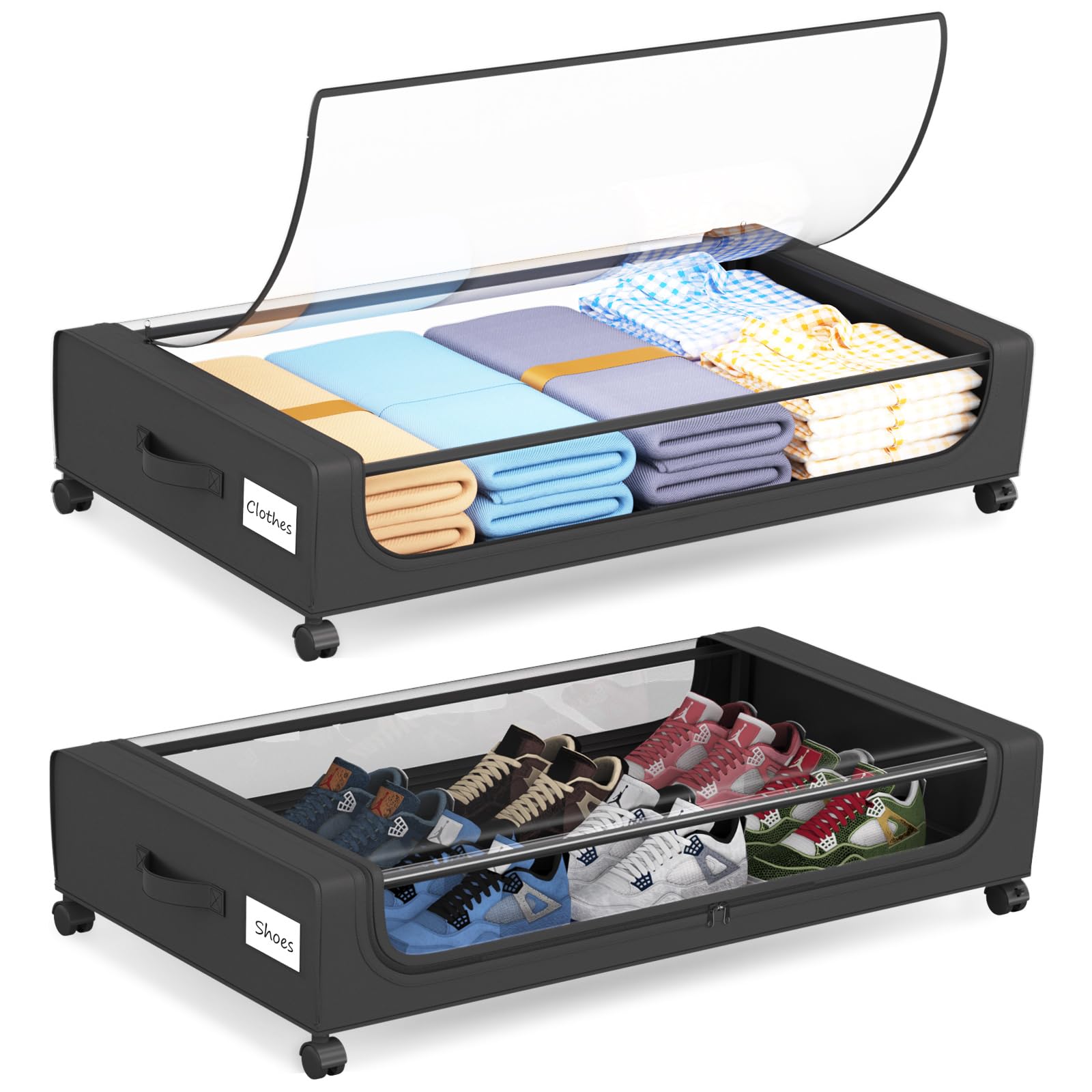 Contenedores de almacenamiento debajo de la cama con ruedas organizador de zapatos ROUTTOON negro