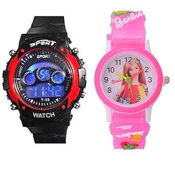 Sg Enterprises Kids Digital Seven Light Red Analog Digital Barbie Pink Girls & Boys Watch Combo -Sg1009