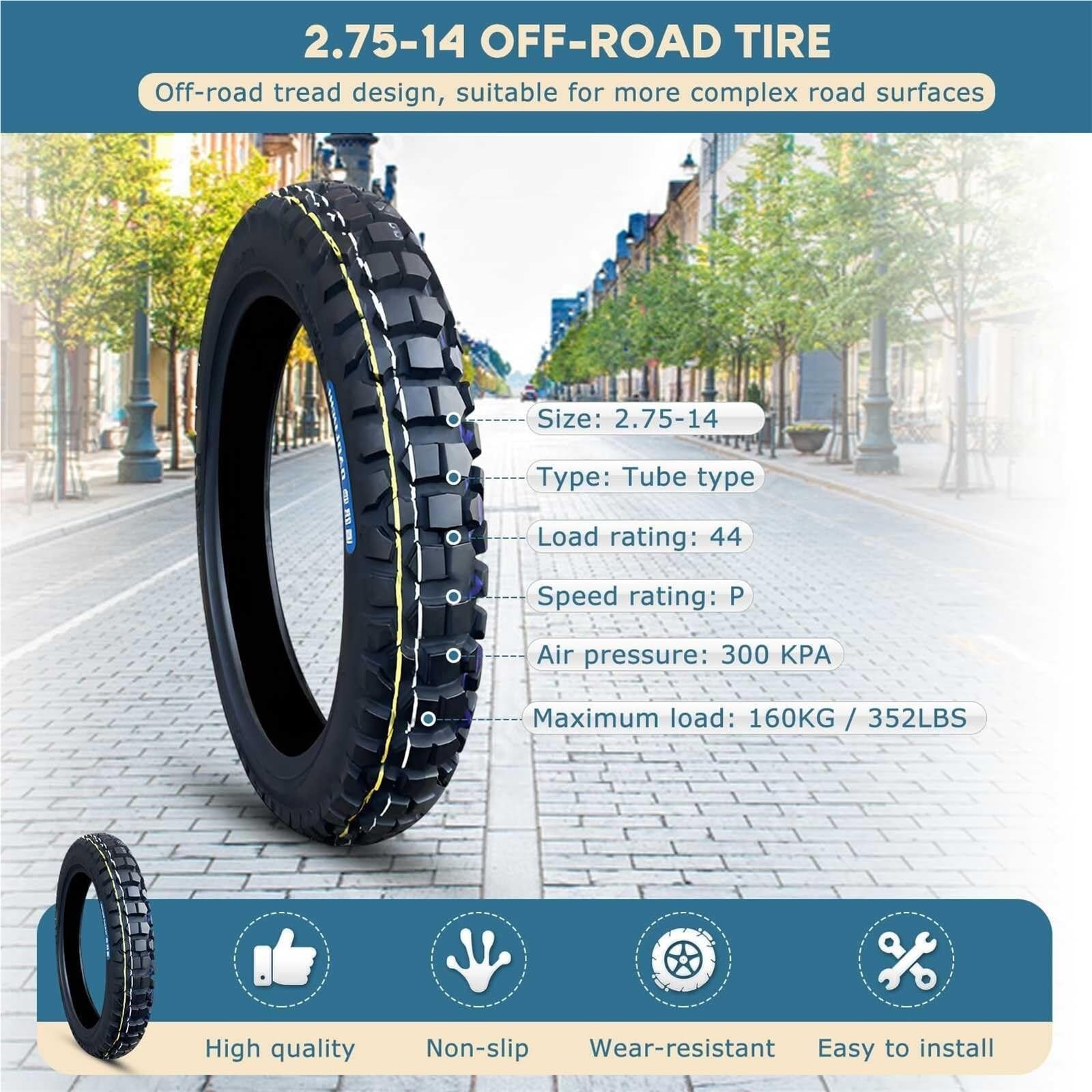 2.75-14 Opona z Bieżnikiem Terenowym 4PR, Opony Zębate do Motocykla Terenowego, Odporna na Przebicia i Zużycie, Nośność do 160 kg, 300 kPa