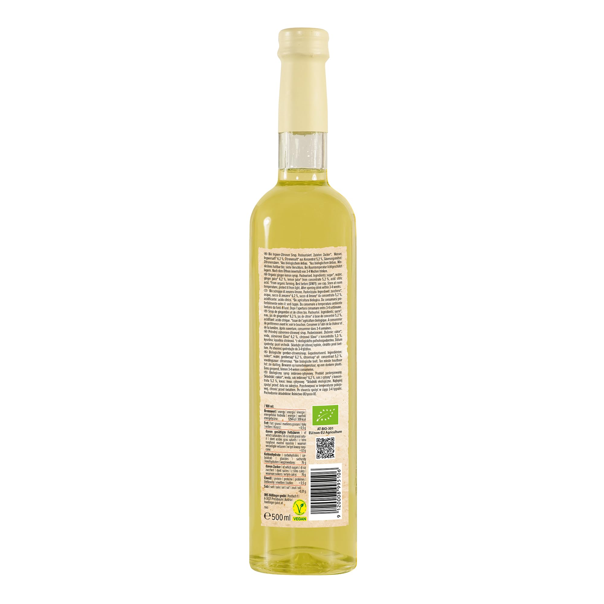 Sciroppo di zenzero biologico Höllinger - Organic Ginger Syrup, Vegan, 3x500ml Glass Bottle, Fresh and Spicy with Lemon Note