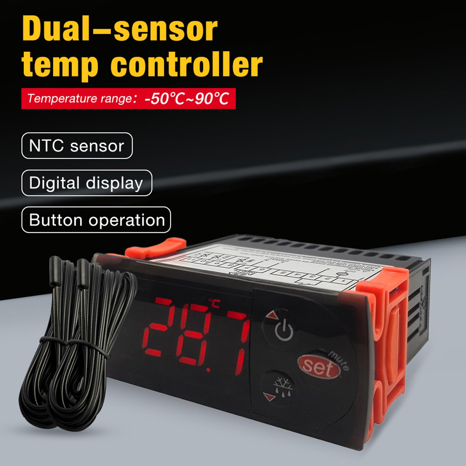 Termostato con sensori per celle frigorifere con controllo della temperatura Riscaldamento Modalità raffreddamento Display LCD Costruzione in ABS Termostato a doppio sensore
