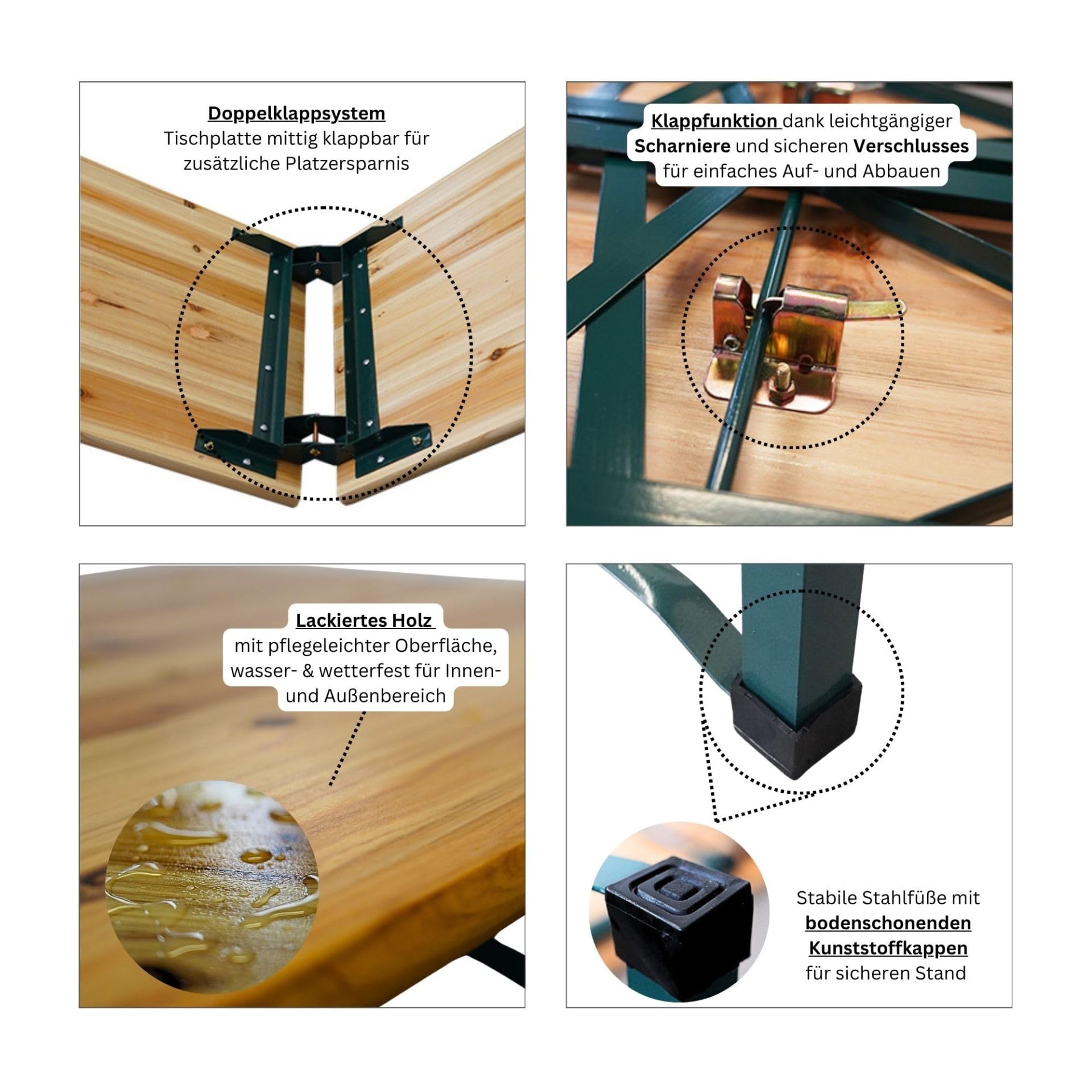 CHEFGASTRO Bierzeltgarnitur mittig klappbar 220 cm breit 3-teilig 1x Tisch 2X Bierbank, lackiertes Holz inkl. 16x Bodenschoner aus Kunststoff Biertischgarnitur Festzeltgarnitur Gartenmöbel-Set