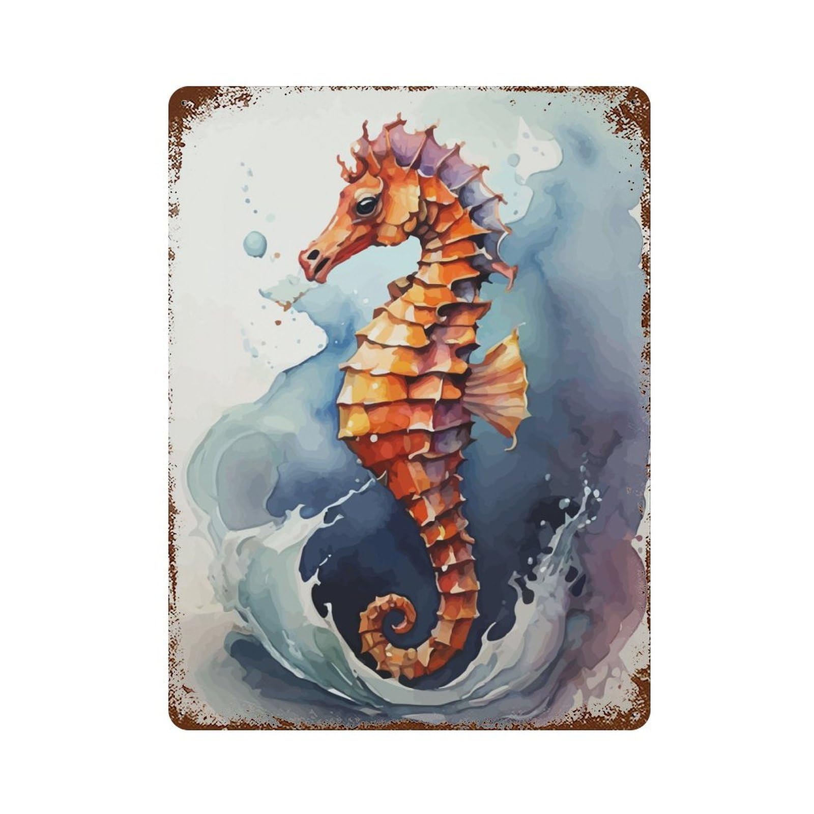 Seahorse Watercolor Art 15.7"x11.8" Vintage Rust Metal Sign, Shabby Chic Decor for Garage, Bar And Workshop Decor