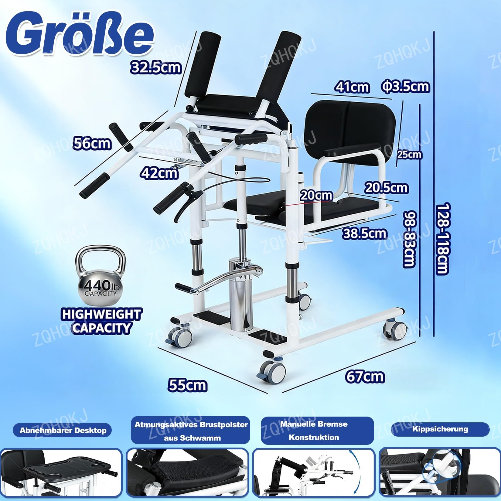 Patientenlifter Transferstuhl, 5-in-1 Hydraulischer Patientenlift-Rollstuhl mit 180° Geteiltem Sitz Tischplatte, Höhenverstellbarer Toiletten- und Duschstuhl für Senioren Zuhause,Blau