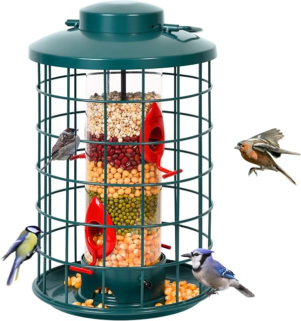 Caged Bird Feeder for Wild Birds Outside, Large Bird Feeder Squirrel Proof Heavy-Duty Metal Hanging Wide Tube Bird Feeder, 7 Feeding Ports (Green)