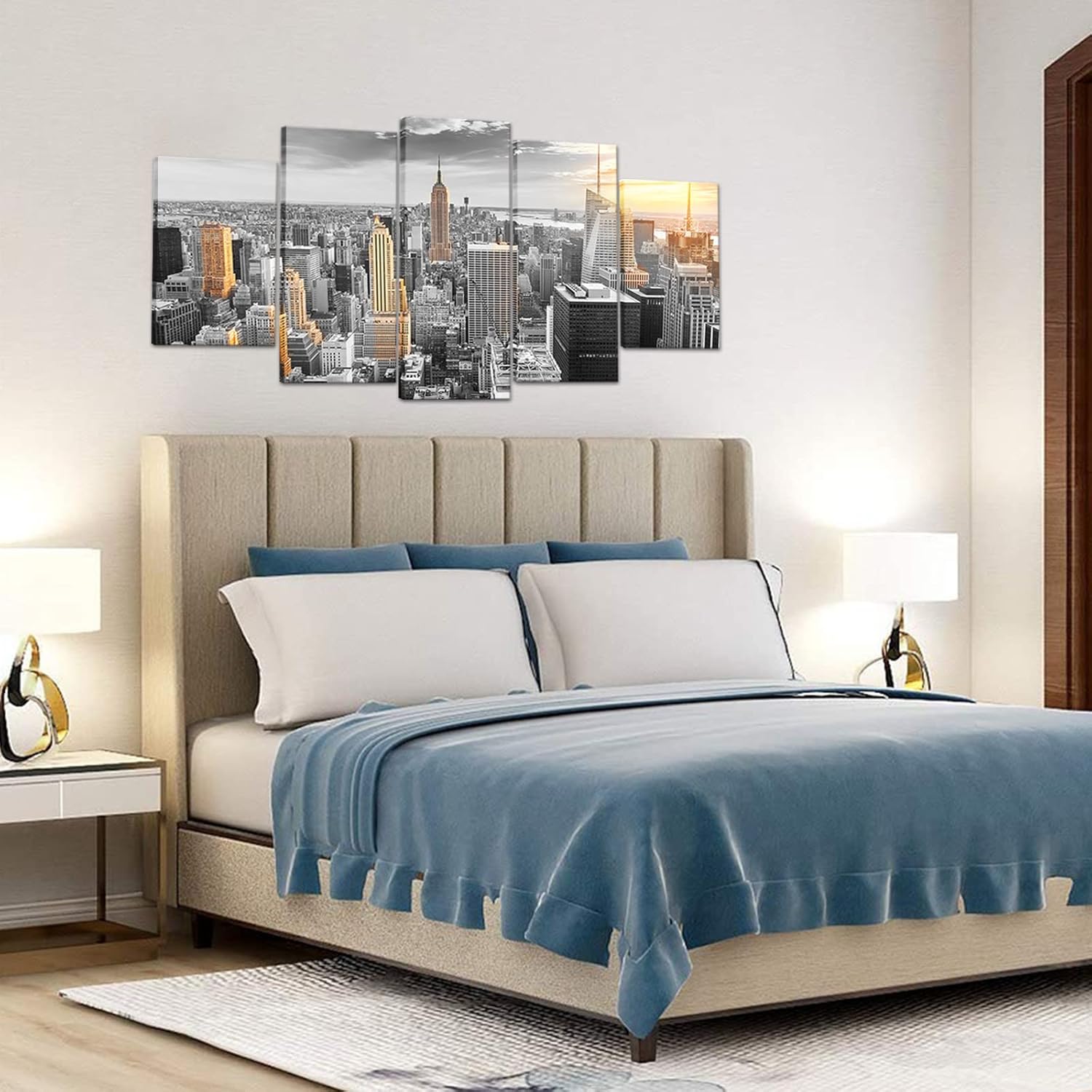 Conipit Large Size 5 Pcs New York Skyline Wall Art Canvas City in Sunrise Painting Pictures Modern Cityscape Artwork for Living Room Office Wall Decor Framed Ready to Hang