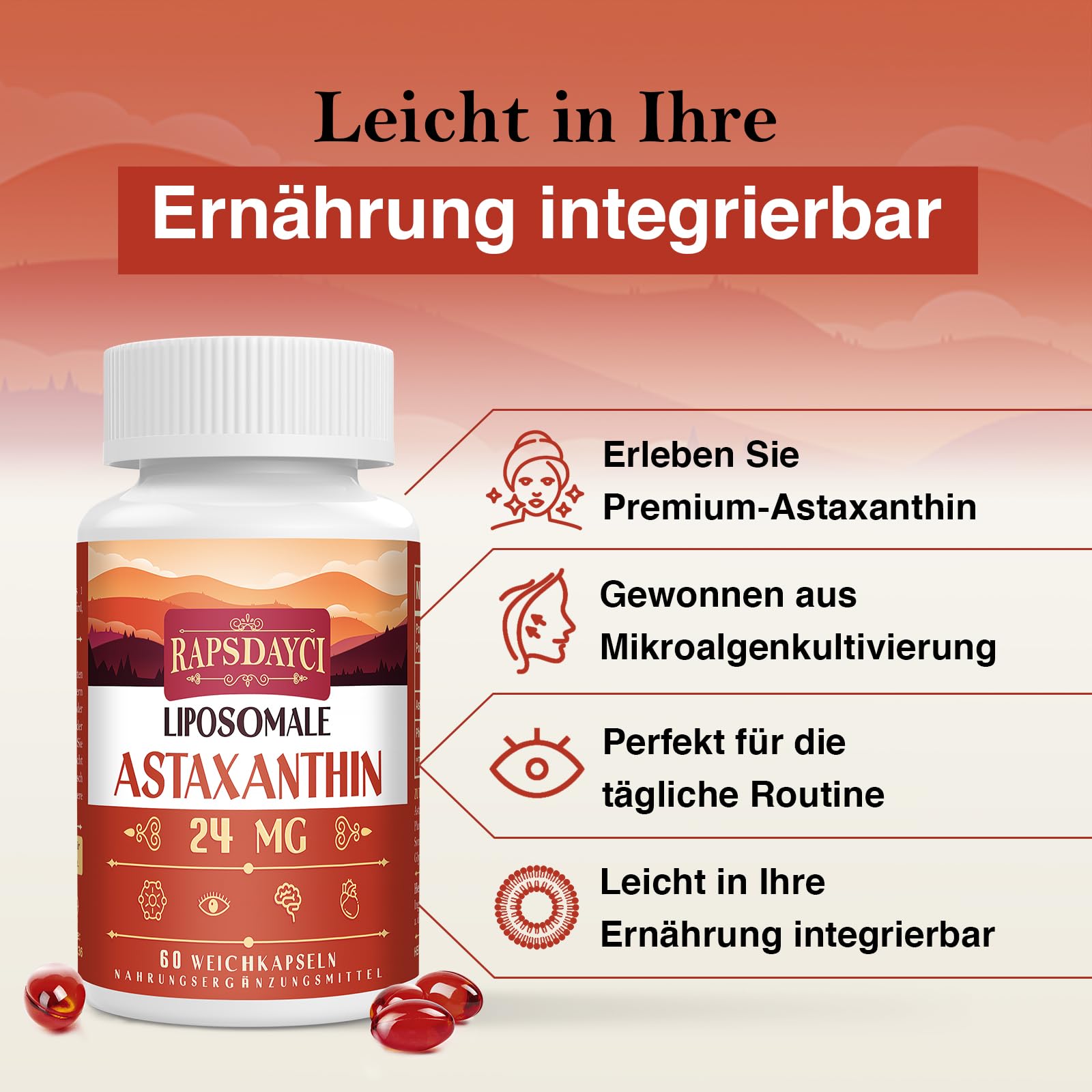 Astaxanthine Liposomale en Gélules Molles - NON OGM - 60 gélules molles pour un usage quotidien