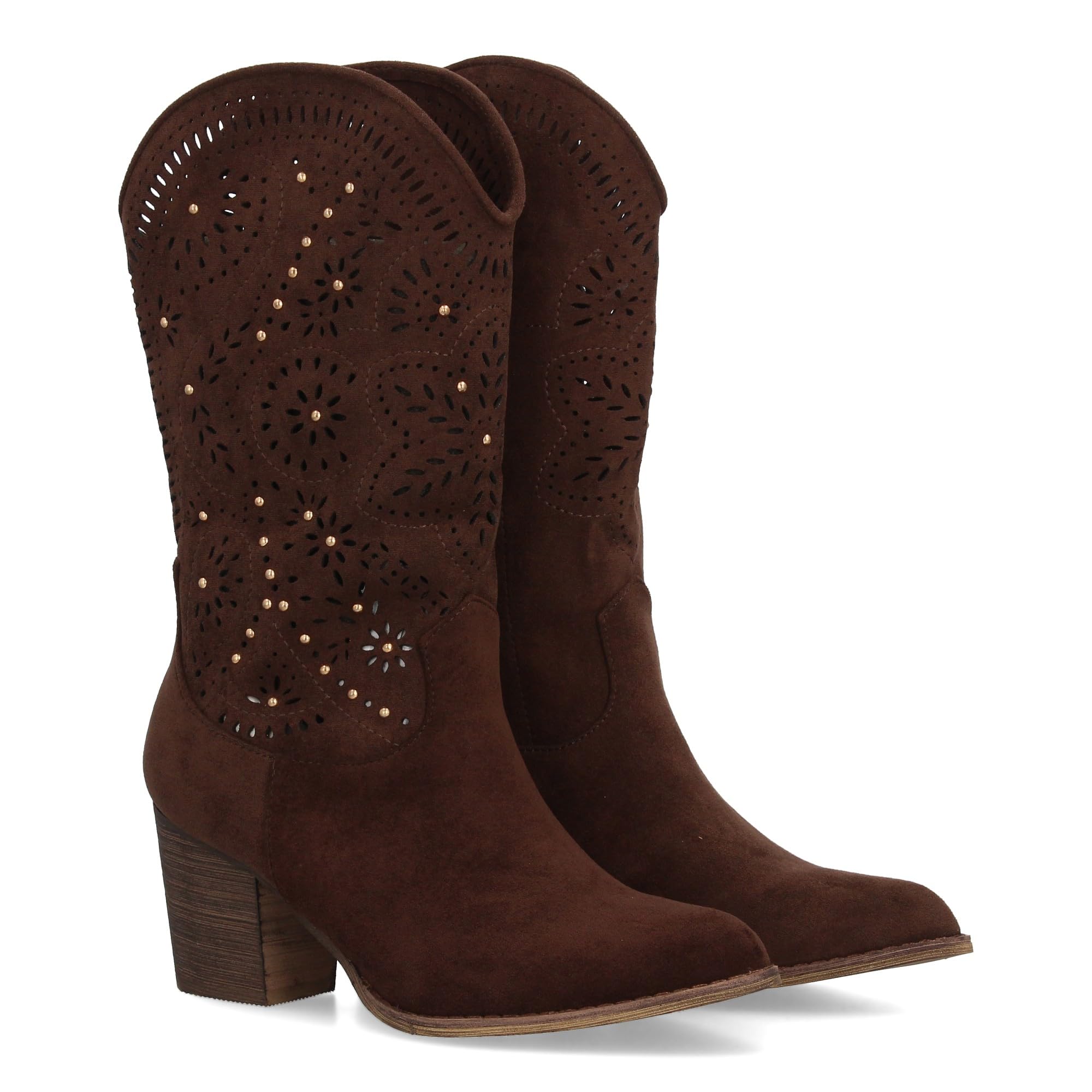 Botas Estilo Cowboy para Mujer, Elegante Diseno Troquelado con Motivos Florales y pequenos Apliques metalicos. Tacon Ancho y Comodo. Cierre de Cremallera Ideal Entretiempo.