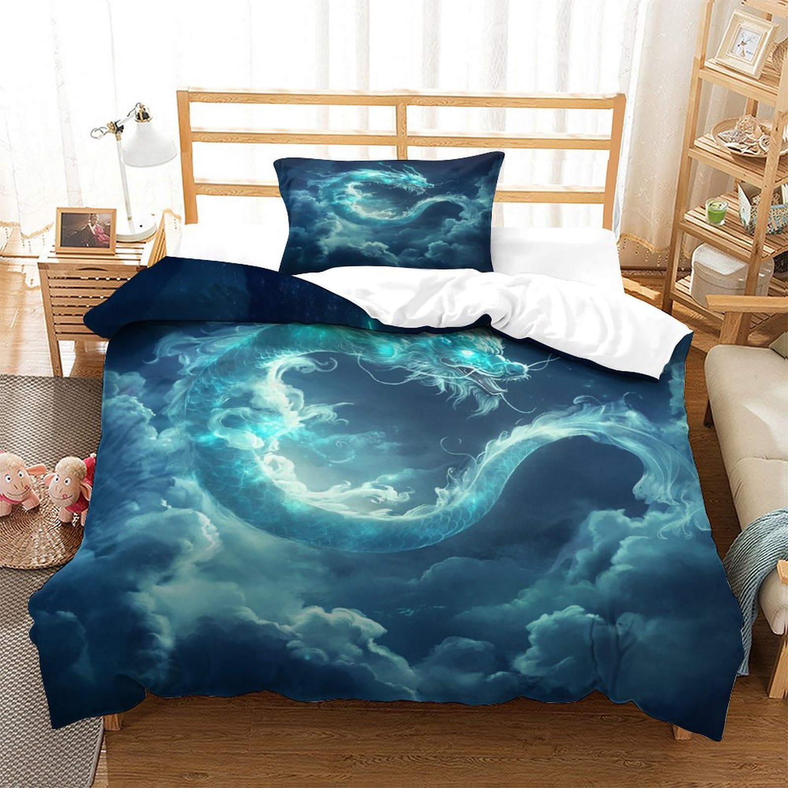 P1s9u7w5y Dragon-3 3D Printed Dreamy Clouds Duvet Cover Set 3Pcs Microfiber Starry Sky Cloud Bedding Set Single（135X200cm）