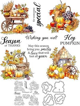 Autumn Harvest Fruits Pumpkins Clear Stamp Metal Cutting Dies Set for Card Making Thanksgiving DIY Scrapbooking Supplies Silicone Stamp Knife Mold for Albums Crafts Decor