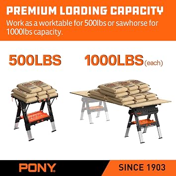 Pony Portable Folding Work Table, Workbench & Sawhorse | 2-in-1 Design, 31x25x25-35 Height Adjustable, Heavy Duty, 4 Clamps & 4 Bench Dogs, for Woodworkers & DIYers