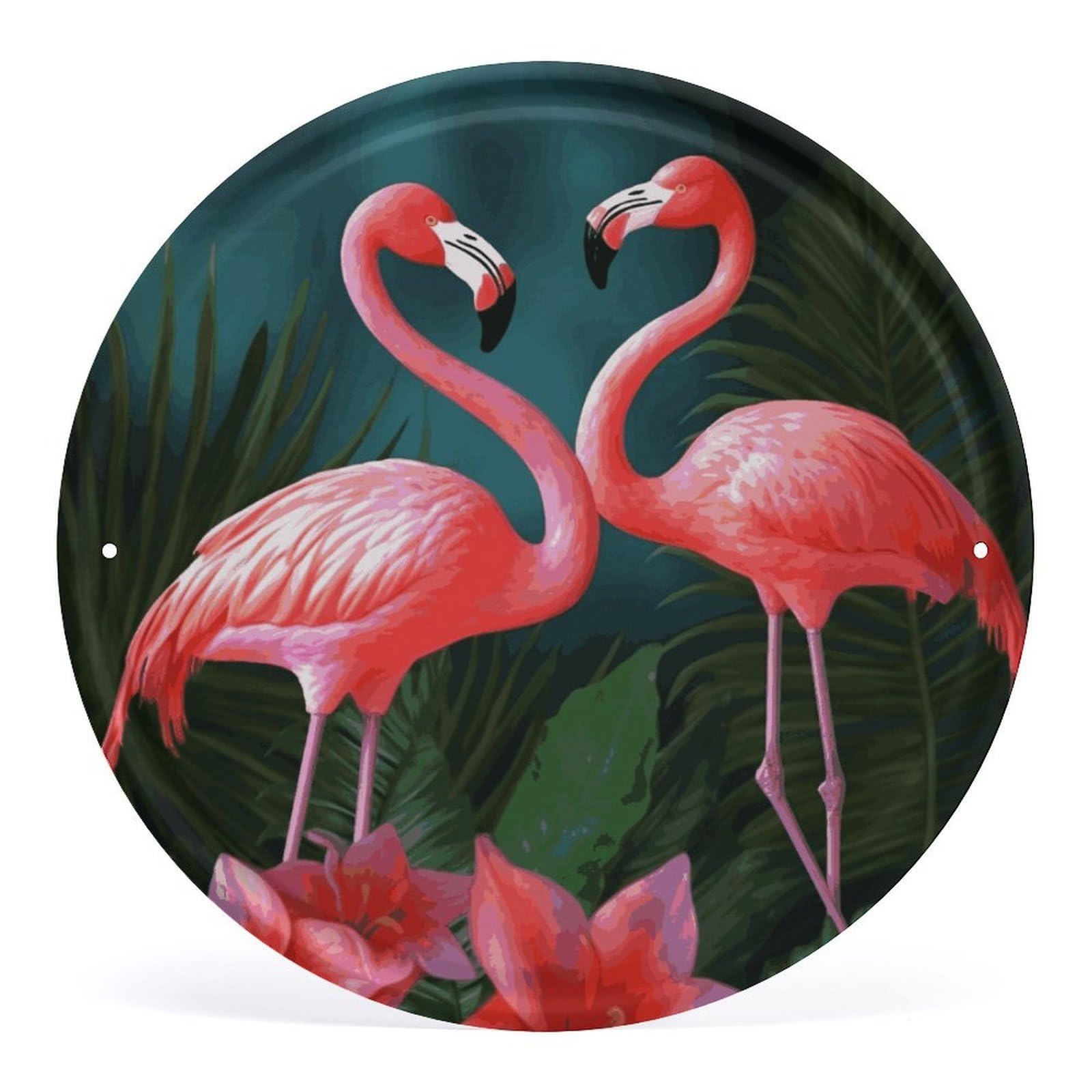 Fodpand Style Flamingo Flowers Round Wall Art Hanging Decorations, Wall Decor Modern Minimalist Artwork, Tin Sign Hanging Picture For Living Room, Bedroom, Office, Hallway, 11.8X11.8 Inch