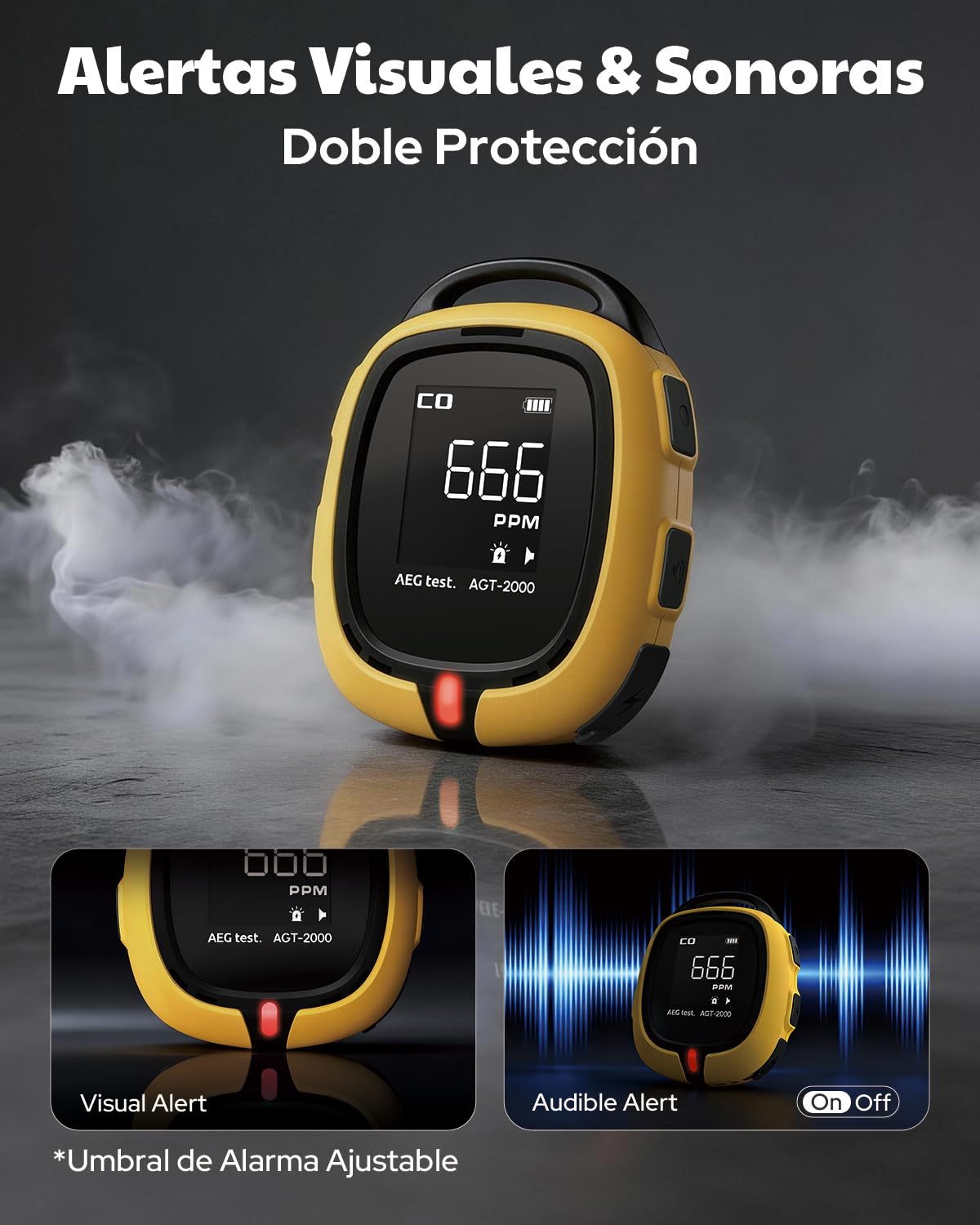 AGT-2000 Detector Portátil de Monóxido de Carbono para Viajes, 240 H en Espera, Detector CO con Alertas Audibles y Visuales, Recargable, con Linterna de Emergencia Integrada
