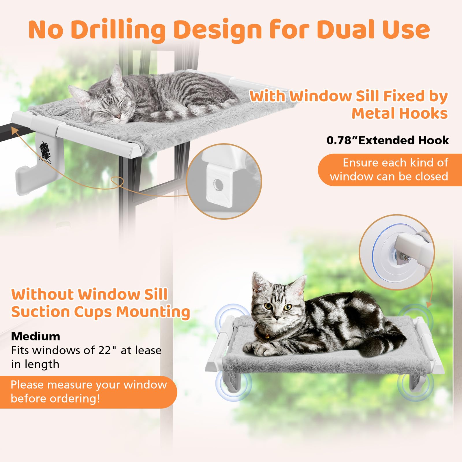 Percha para ventana de gato 2 en 1, hamaca para gatos con ajuste de sujeción deslizante de metal, cubierta extraíble de dos telas, 4 ventosas, camas de ventana para gatos de interior (22 x 13
