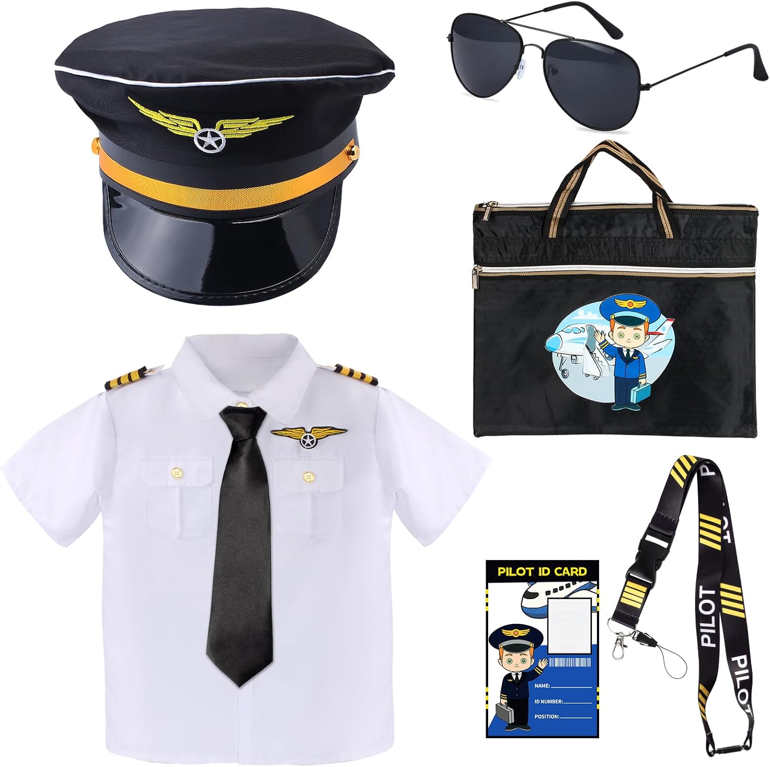 Yewong Kids Pilot Costume Set Airline Uniform Pilot Hat Sunglasses Flight Accessories for Halloween Captain Cosplay
