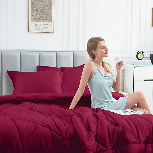 Miniatura 4 de JOLLYVOGUE Juego de edredón tamaño matrimonial, color rojo oscuro y negro, juego de cama reversible en una bolsa para todas las estaciones, juego de