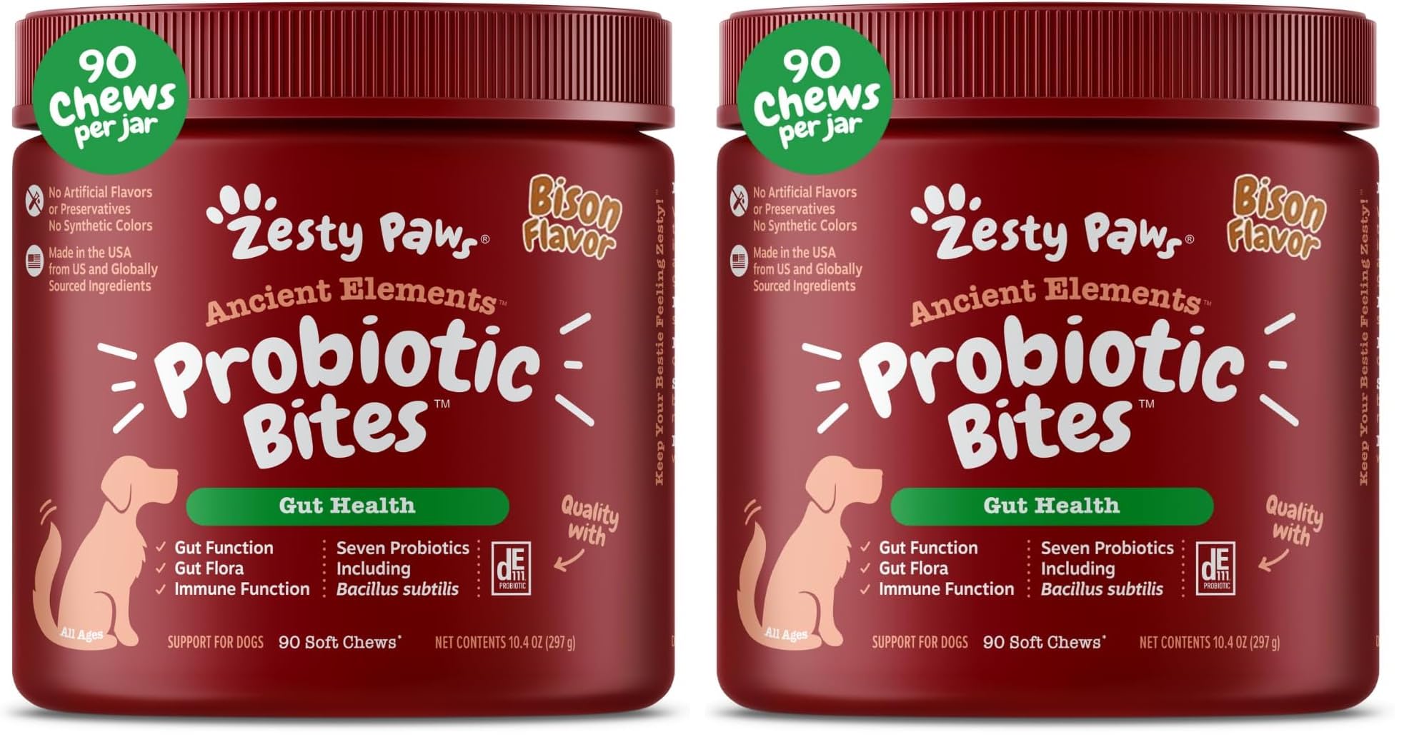 Zesty Paws Probiotics for Dogs, Digestive Enzymes Gut Flora, Digestive Health, Diarrhea &amp; Bowel Support, DE111, Dog Probiotics Soft Chew for Pet Immune System, Chicken, 90 Ct (Pack of 2)
