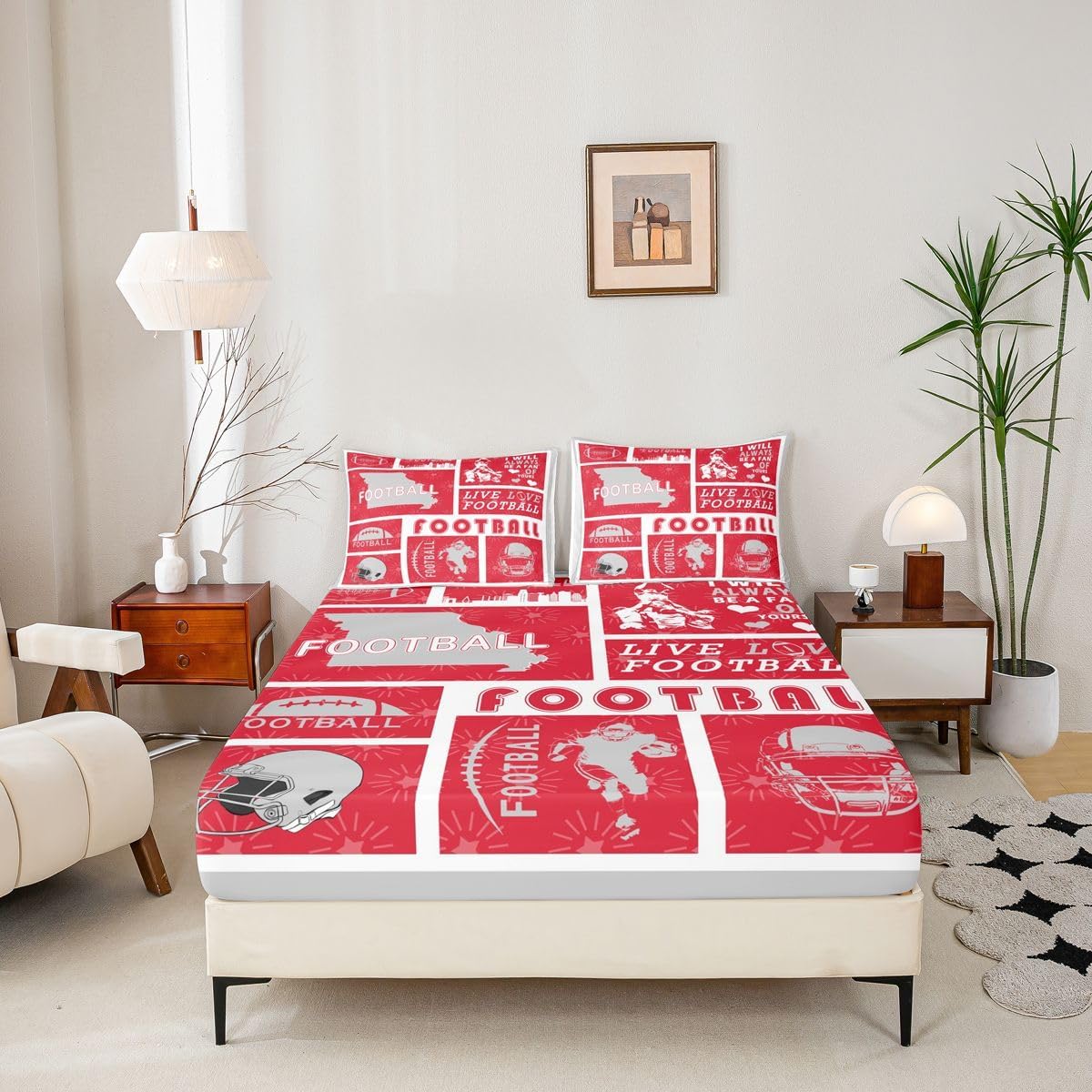 Erosebridal Football Flat Fitted Sheet Queen Size Soccer Games Boys Sheet Set Football Fans Bed Sheets for Kids Teens Adult Men Sports City Silhouette Bedding Sets,Red