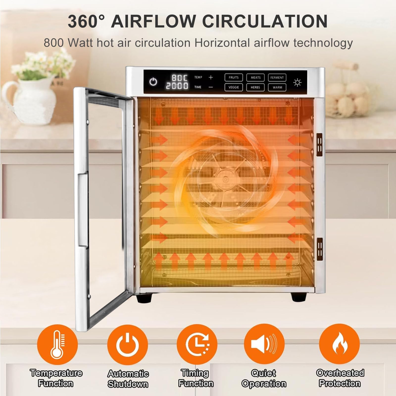 Essiccatore per alimenti digitale LED elettrico da 800 W, essiccatore per carne di manzo e carne secca, temperatura 185ºF, timer 24 ore, riscaldamento a circolazione a 360 °, essiccazione per frutta