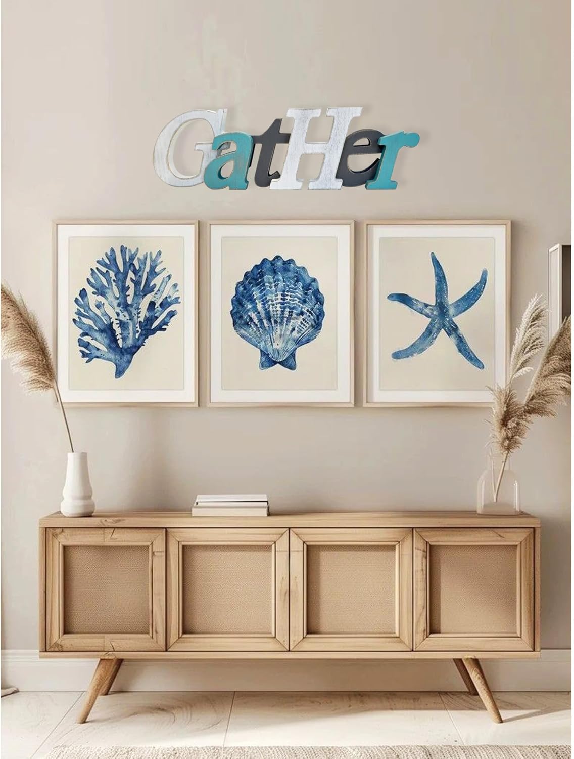 Grey Teal White Gather Signs for Home Decor - Farmhouse Rustic Kitchen Dining Room Freestanding Letters Block 16x5 Inches - Image 3