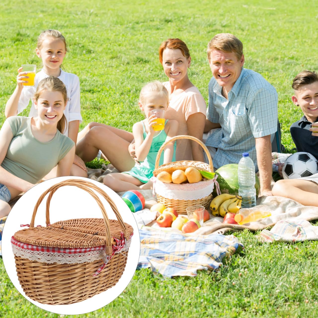 Milisten Wicker Picnic Basket with Liner Split Lid Picnic Hamper Hand Woven Flower Basket with Folding Handle for Outdoor Picnic Camping