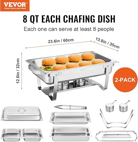 Miniatura 2 de VEVOR Juego de bufé de platos para rozar, 2 unidades de 8 cuartos de galón, de acero inoxidable con 2 bandejas completas y 4 de tamaño medio