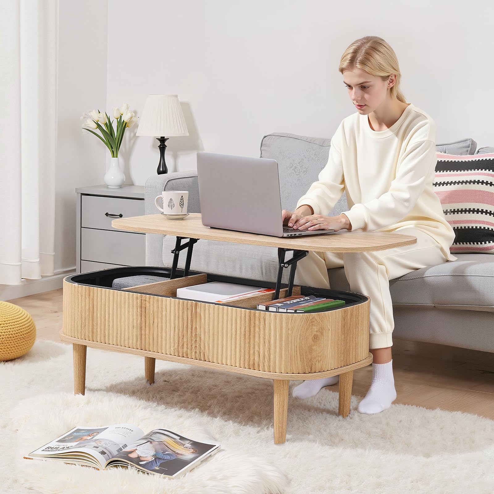 VEVOR Mesa de Centro Elevable, 1000 x 480 x 405 mm, Mesa de Salón o Comedor con 3 Compartimientos Ocultos, Acabado Acanalado de Madera Natural, Mesita Multifuncional, para Hogar Oficina Sala de Estar