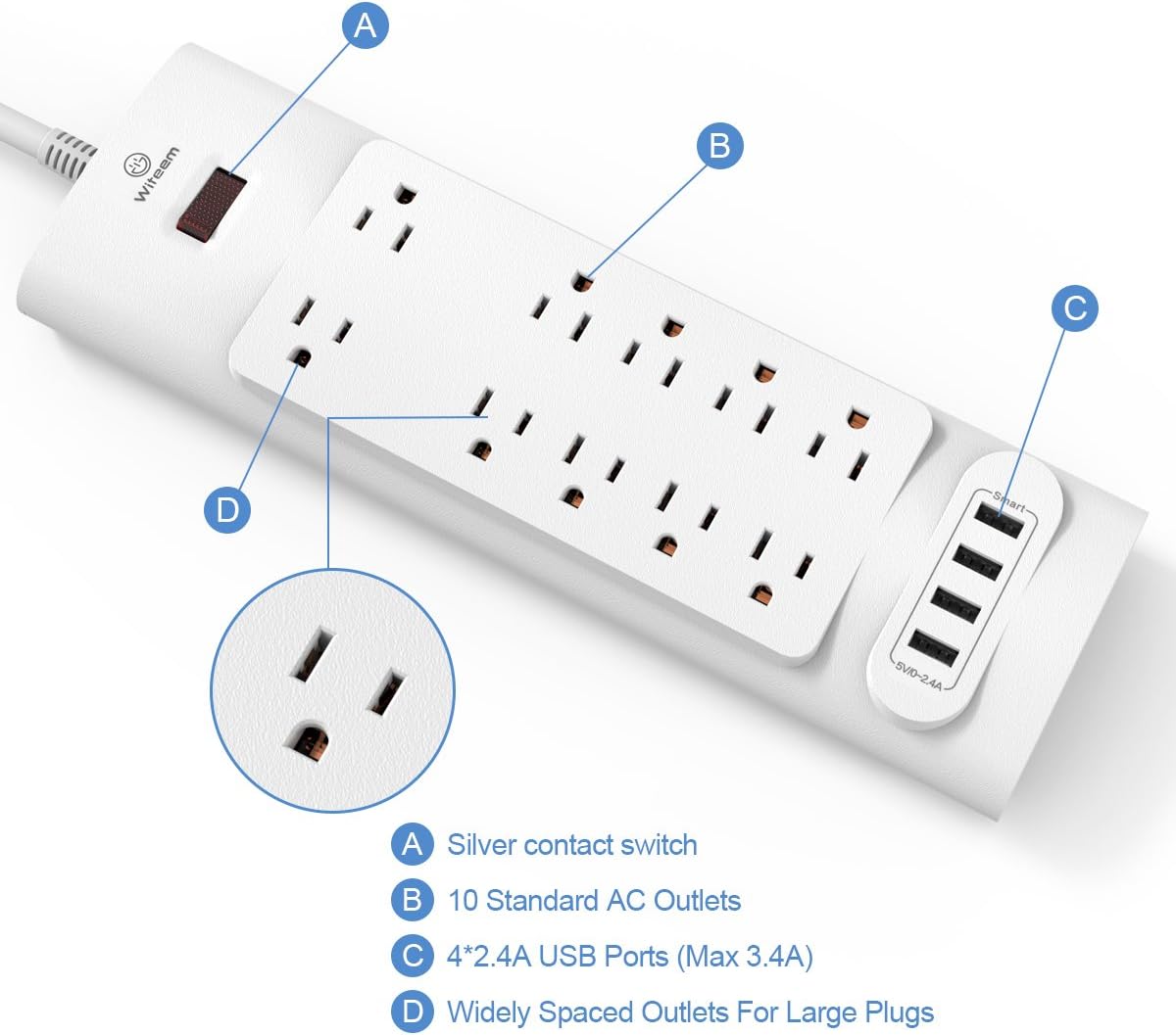 Witeem Surge Protector Power Strip with 10 Outlets & 4 USB Ports and 6ft Extension Cord Charging Station, White