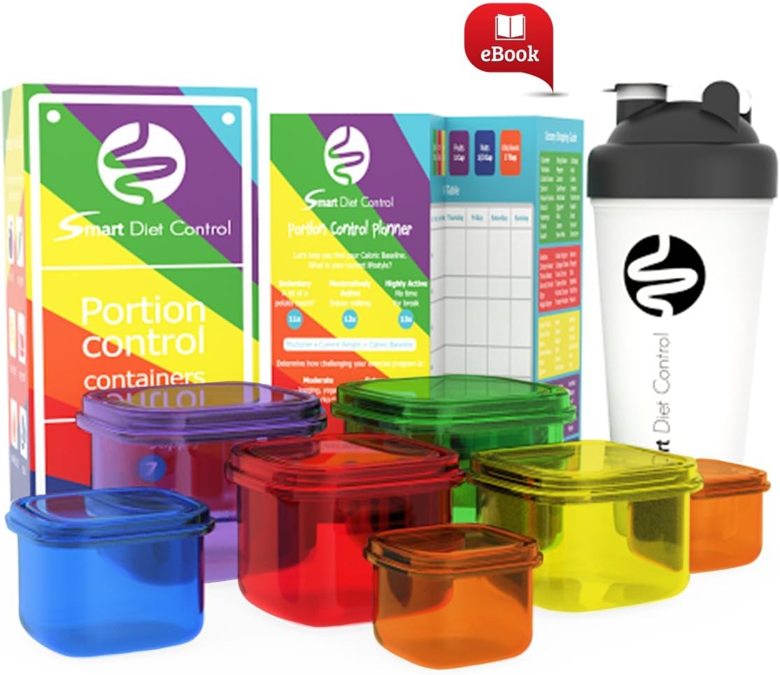 SDC - 7 Piece Portion Control Containers & Protein Shaker Bottle Kit with COMPLETE GUIDE + 21 DAY MEAL PLANNER + BONUS EBOOK, Leak Proof Microwave and Dishwasher Safe