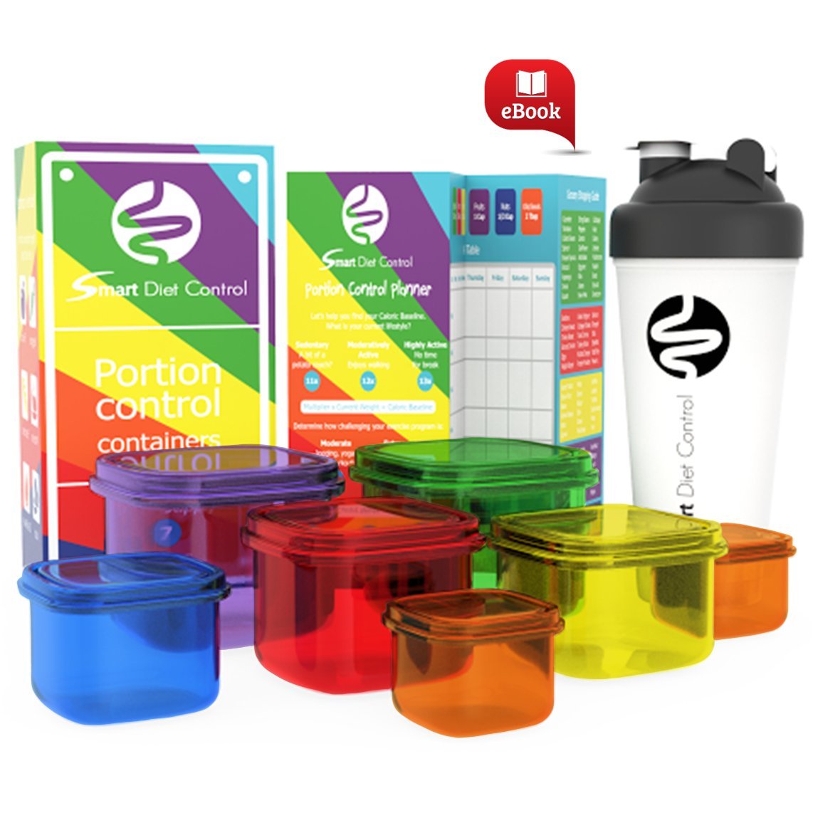SDC - 7 Piece Portion Control Containers & Protein Shaker Bottle Kit with COMPLETE GUIDE + 21 DAY MEAL PLANNER + BONUS EBOOK, Leak Proof Microwave and Dishwasher Safe