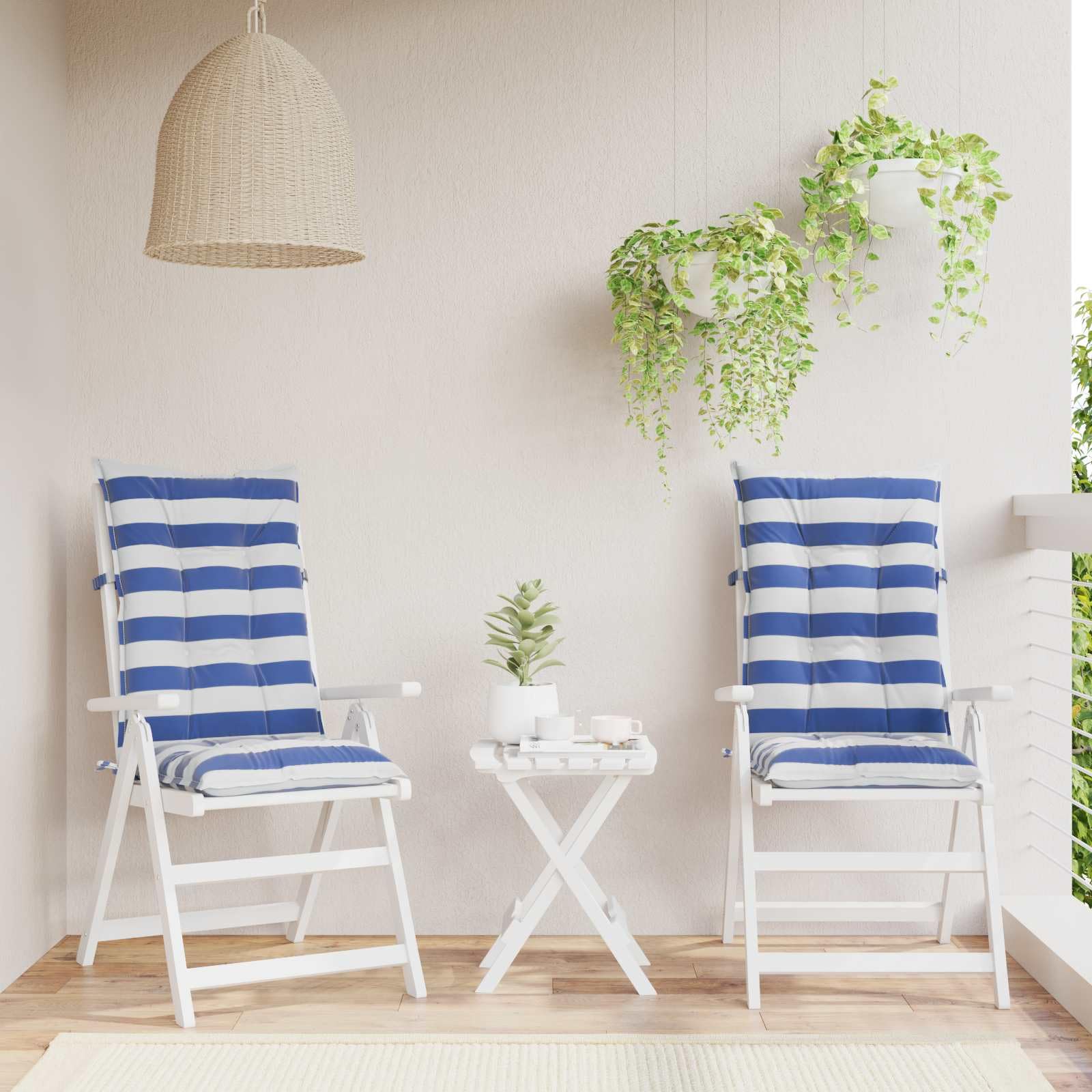 2er Set Hochlehner-Auflagen 120x50x7cm Gartenstuhl-Kissen Blau Weiß Sitzauflage für Gartenstühle und Terrassenmöbel Bequeme Polsterauflage für Draußen aus Stoff