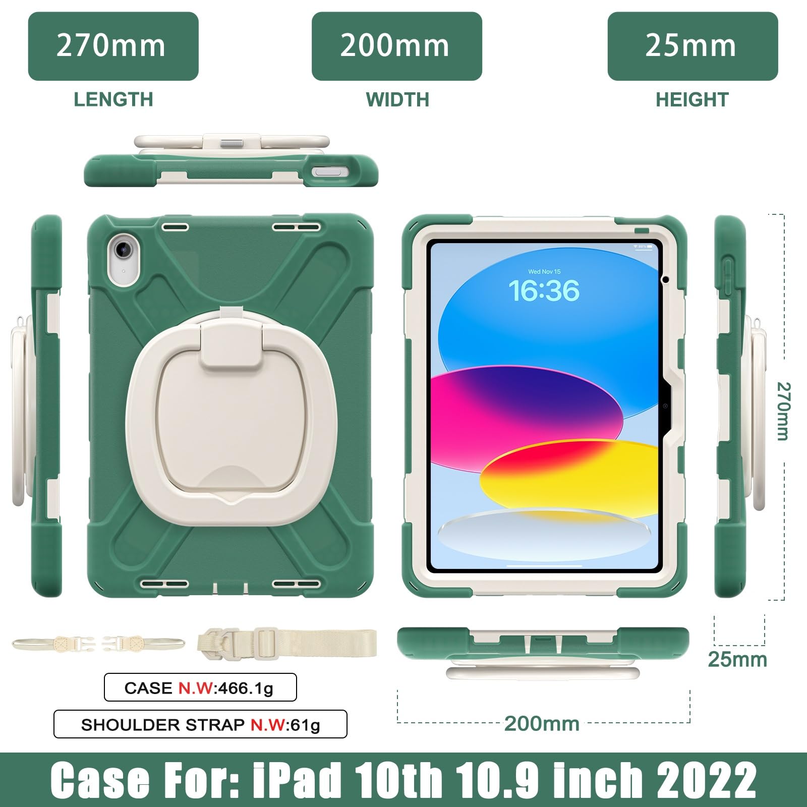 Ochronne etui na tablet Etui kompatybilne z iPadem 11. generacji A16 11 cali 2025, wytrzymałe etui dziecięce z TPU odporne na wstrząsy, obrotowy uchwyt wielofunkcyjny 360 stopni + pasek na ramię, wytr