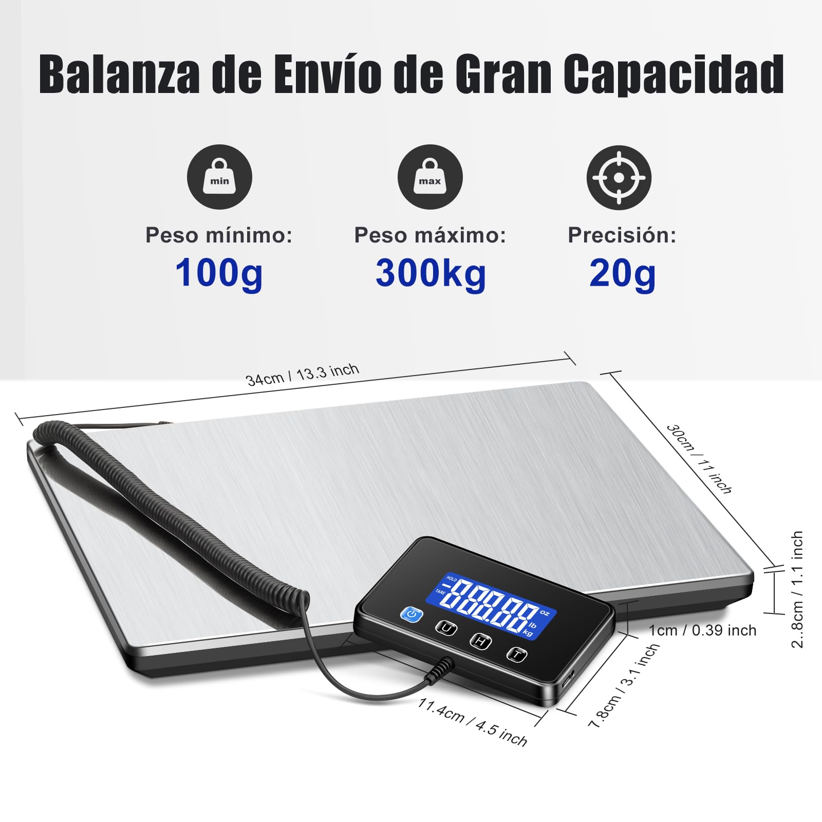 Bascula Industrial, Bascula Maletas Viaje de 300kg/20g con Función de Retención/Tara, Báscula con Pantalla LCD para Paquetes, Equipaje y Almacén, Incluye 2 Baterías AAA y Cable de Carga