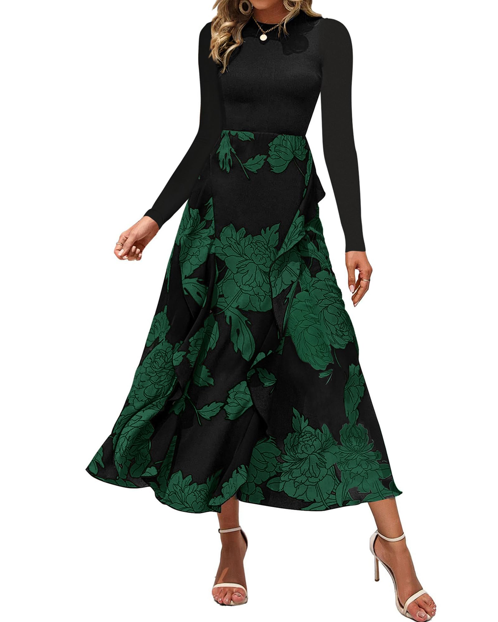 BTFBM Womens Floral Maxi Dress Fall 2025 Casual Crewneck Long Sleeve Ruffle Flowy Cocktail Wedding Guest Dresses