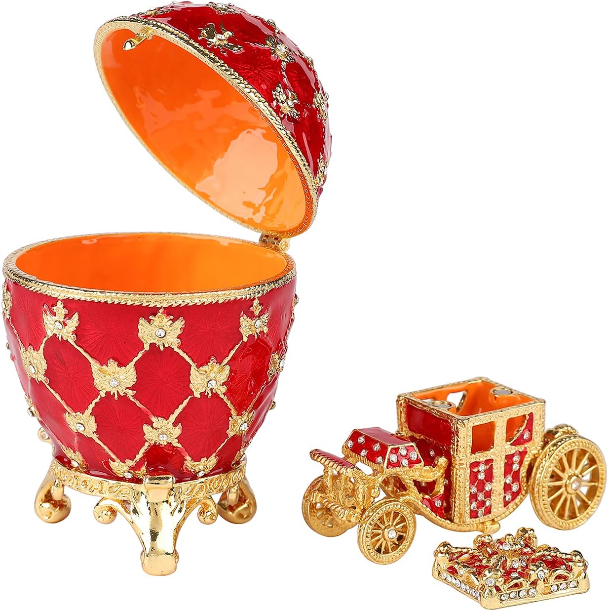 QIFU Vintage Red Easter Egg Style Jewelry Trinket Box with Mini Royal Carriage, Unique Gift for Easter Collection - Image 3