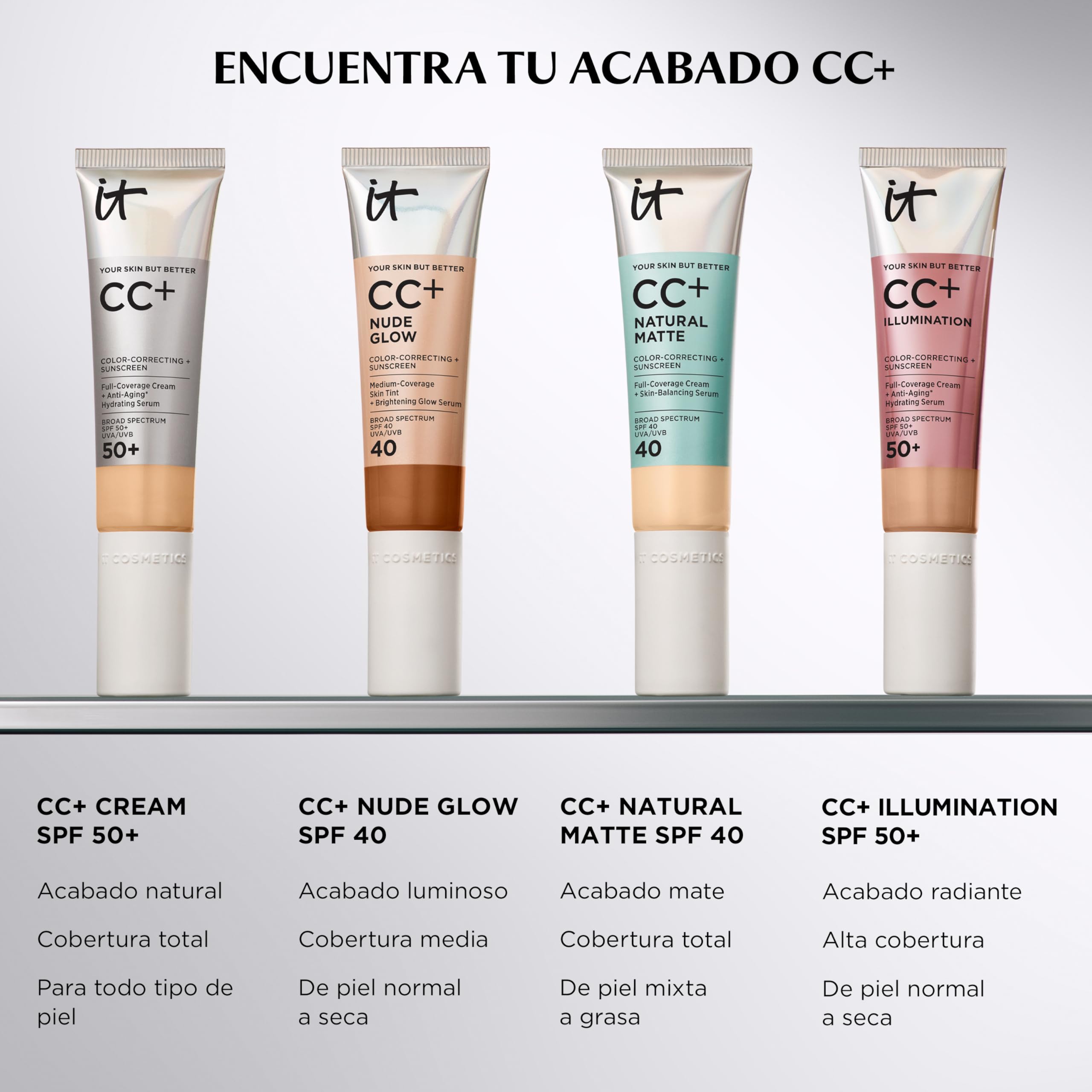 IT Cosmetics, Base de Maquillaje, Tratamiento Antiedad e Hidratante con SPF40, Cobertura Media, Acabado Luminoso, 12 Tonos Disponibles, Light, YSBB CC+ Nude Glow, 32 ml