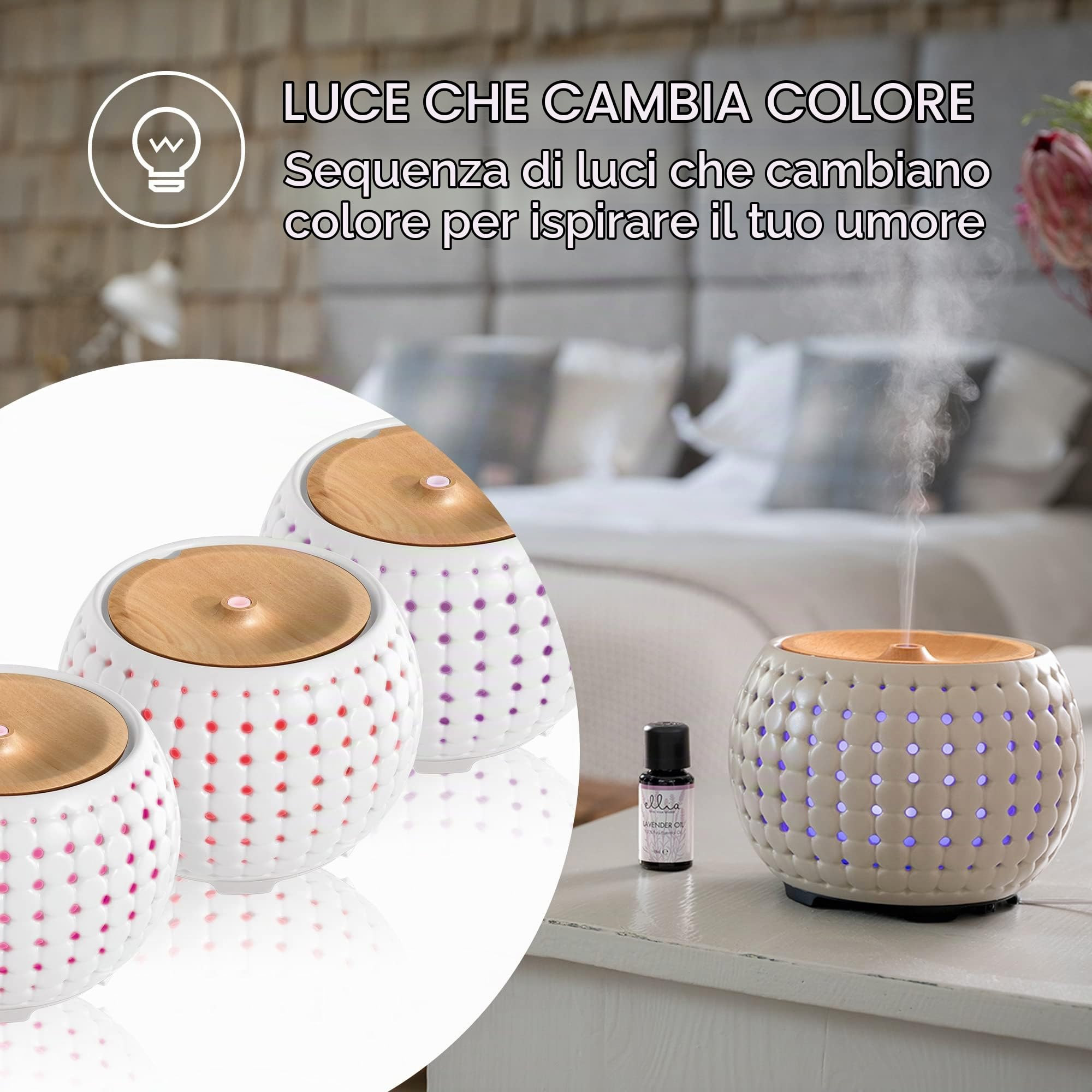 Homedics Ellia, Diffusore di Aromi e Oli Essenziali ad Ultrasuoni, Profumatore per Ambienti in Ceramica e Legno, Umidificatore Ambiente, Diffusore Ambiente con Luci Ambientali, Crema