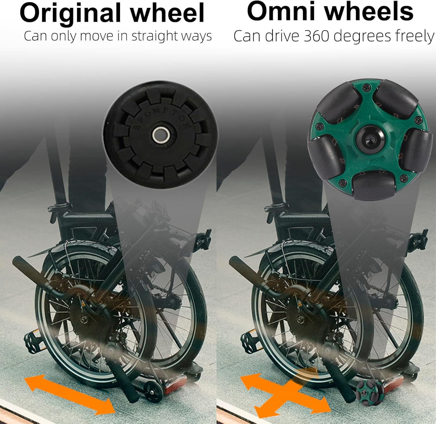 DJCRAWLER 58mm Omni Wheel Bicycle Accessory (Ultra Quiet) for Brompton Folding Bike, 20KG Load Omnidirectional Roller Replacement with Stainless Steel Bearings [M6*60MM Screws]