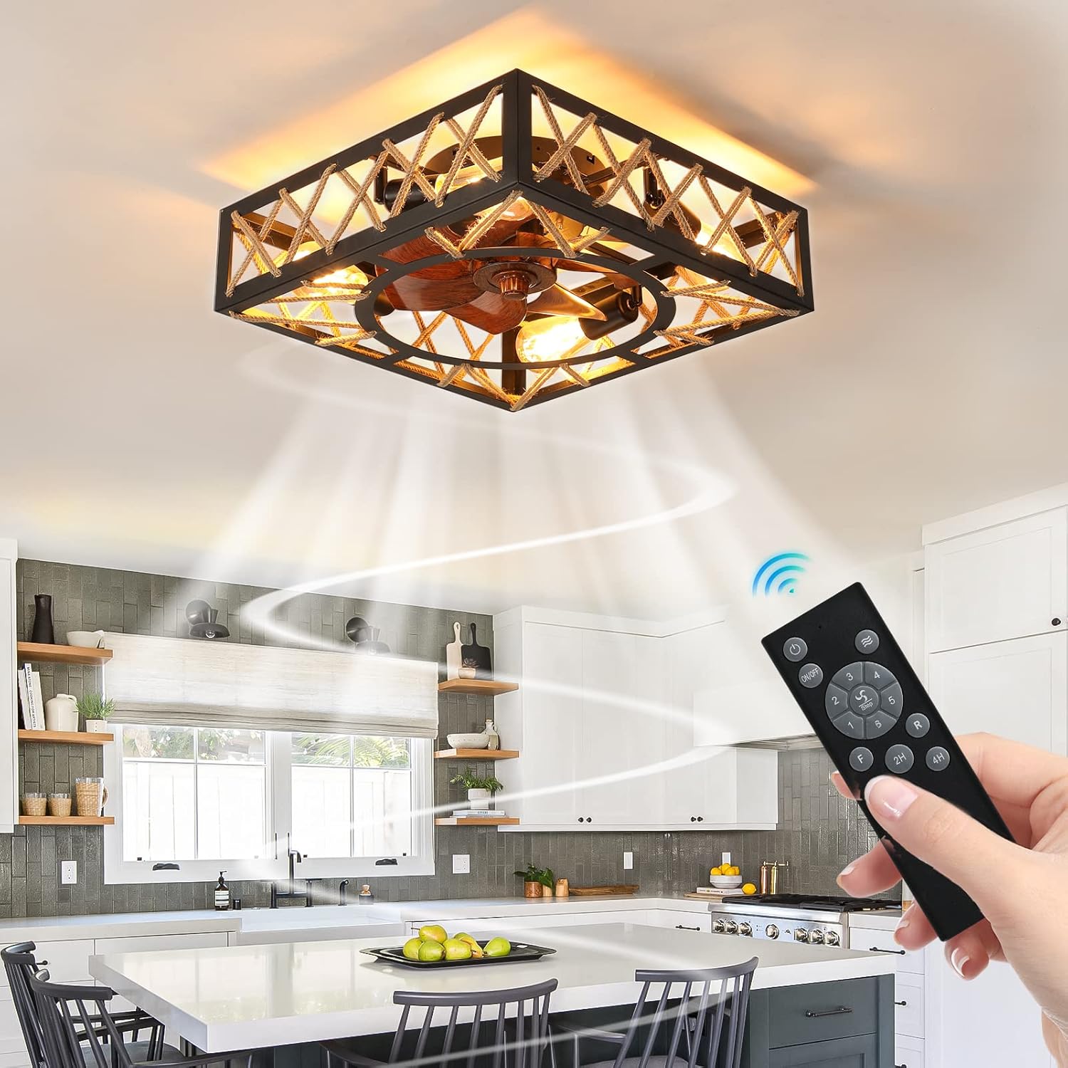 18" Caged Ceiling Fans with Lights and Remote,Flush Mount Low Profile Bladeless Ceiling Fan Low Profile,Small Farmhouse Industrial Enclosed Ceiling Fan for Bedroom,Kitchen (Square-7 fan-28W)