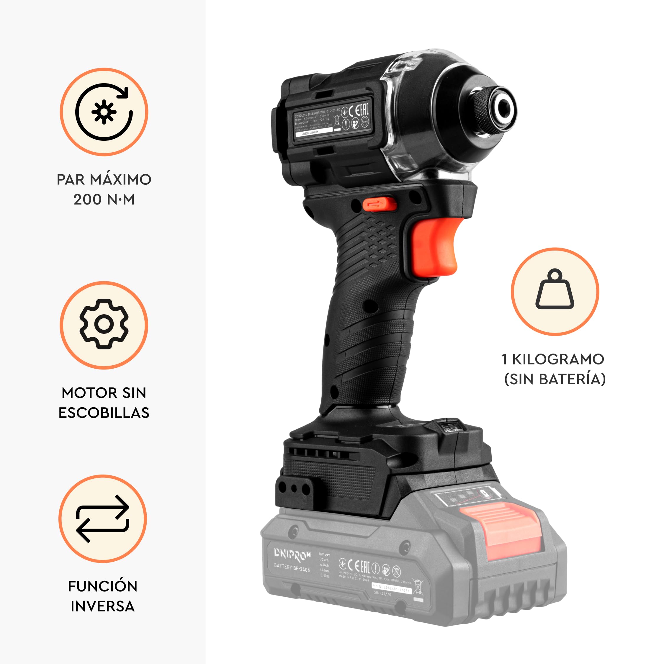 Atornillador de Impacto Inalámbrico 20 V DTD-201BC - Motor Brushless 200 Nm, 4 Velocidades 0-3600 rpm, 4200 Ipm, Portabrocas 1/4" HEX, Led, Portatil, Solo 1 kg - Bateria 2Ah y Cargador - Por Dnipro-M