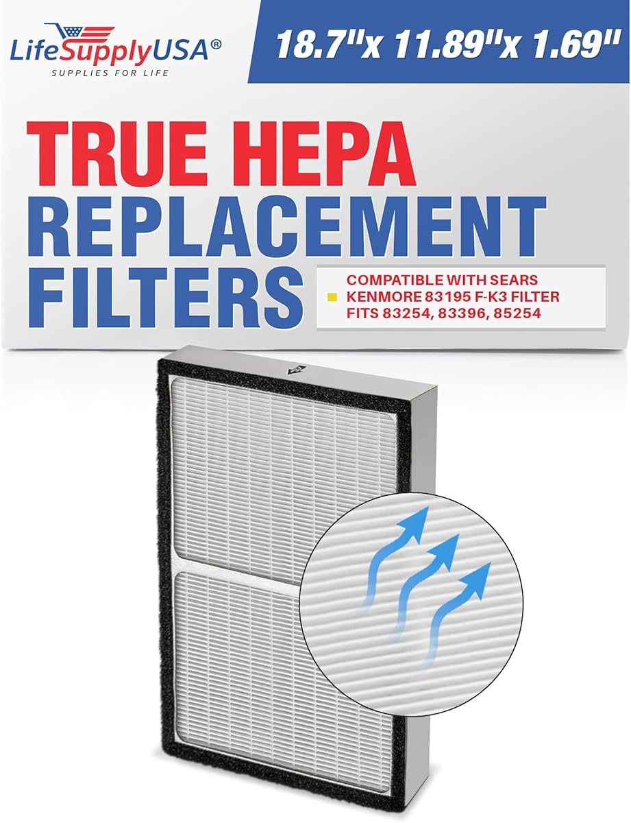 LifeSupplyUSA True HEPA Filter Replacement Compatible with Sears Kenmore 83195 F-K3 Filter fits 83254 83396 85254 Air Purifiers