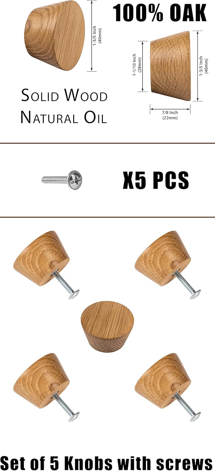 1-9/16 Inch (40mm) Round Wood Cabinet Drawer Dresser Kitchen Furniture Knobs Pulls Handles, Set of 5 (Oak)