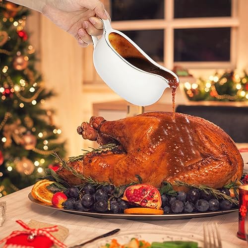 Miniatura 5 de Bote de salsa de cerámica blanca de 17 onzas con bandeja, jarra de platillo de porcelana con decoración de borde dorado para Acción de Gracias,